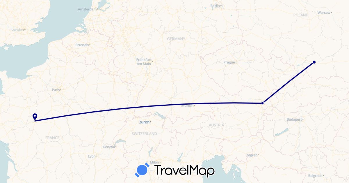 TravelMap itinerary: driving in Austria, France, Poland (Europe)